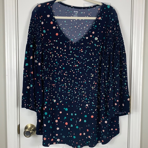 Evri navy blue bell shaped sleeves size 2X with multi colored polka dots. - Picture 1 of 5